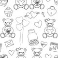 Seamless pattern Valentine`s day Bears heart balloons gifts candy black and white colors vector illustration Royalty Free Stock Photo